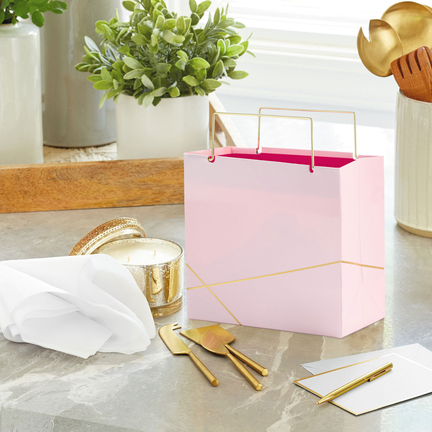 Light Pink With Gold Small Square Gift Bag, 5.5" for only USD 4.99 | Hallmark