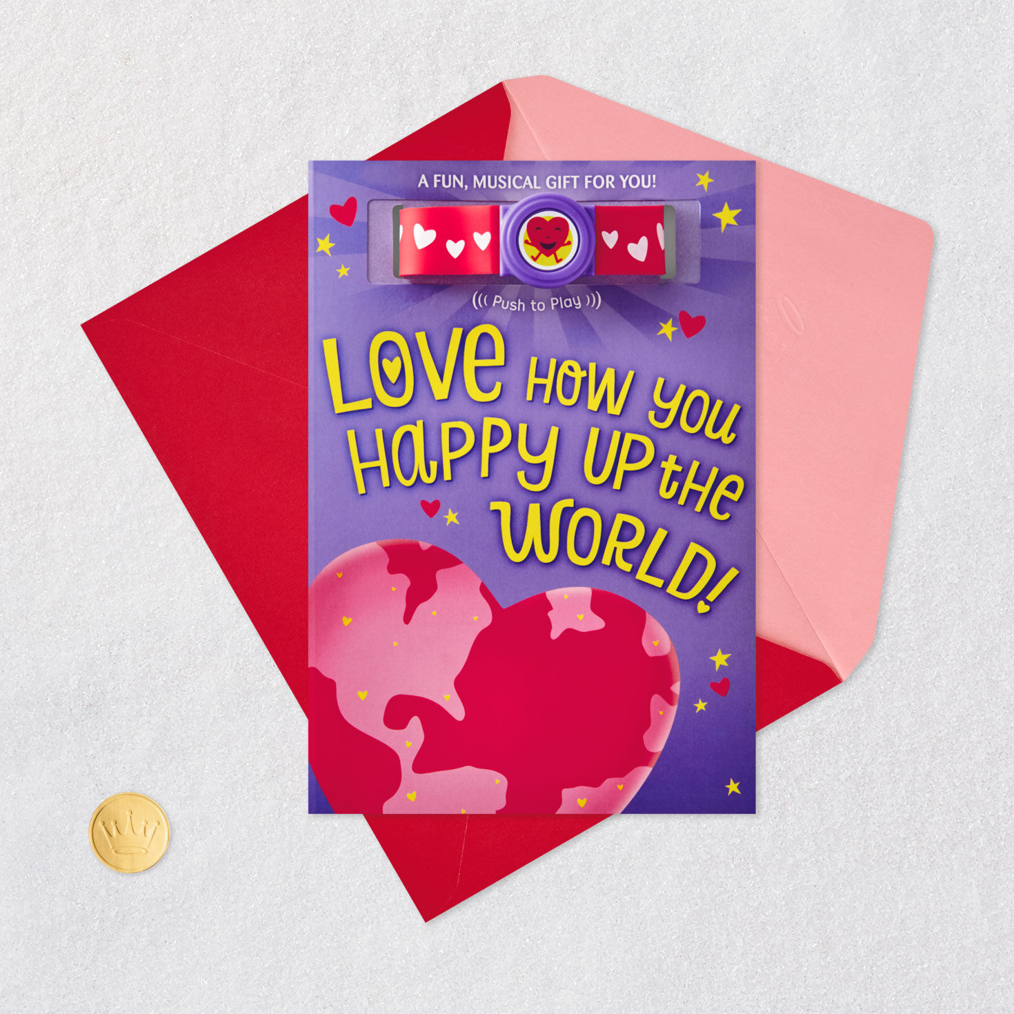 Heart Globe Kids Valentine's Day Card With Bracelet Card Front with Envelope and Gold Seal image number 7