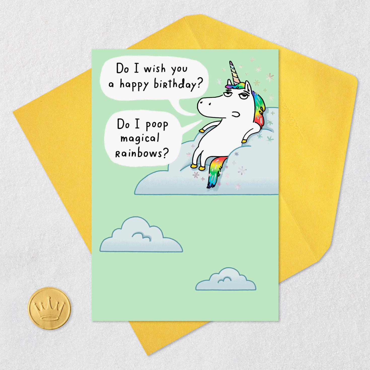 Rainbow Unicorn on Cloud Sassy Funny Birthday Card Card Front with Envelope and Gold Seal image number 5