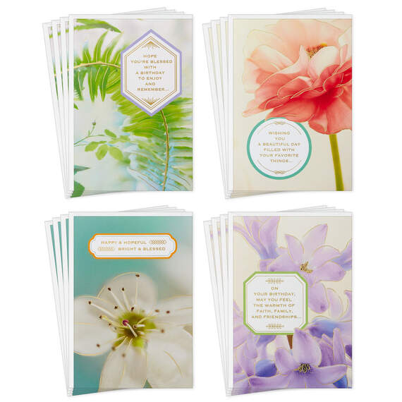 Floral Blessings Assorted Birthday Cards, Pack of 16