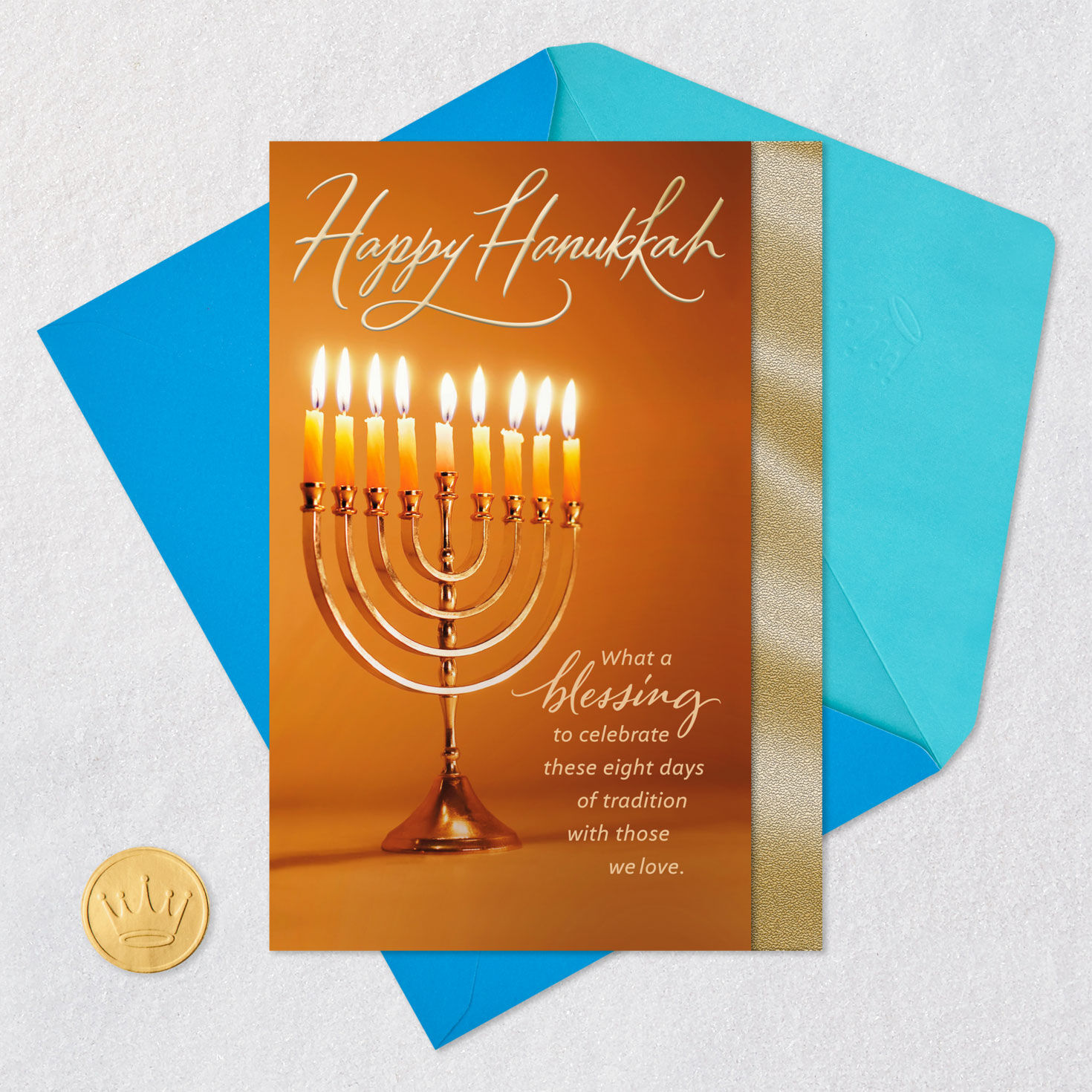Lit Menorah Happy Hanukkah Card Card Front with Envelope and Gold Seal image number 5