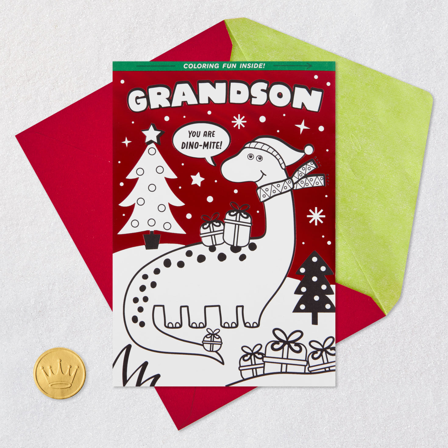 Dinosaurs Coloring Christmas Card for Grandson Card Front with Envelope and Gold Seal image number 10