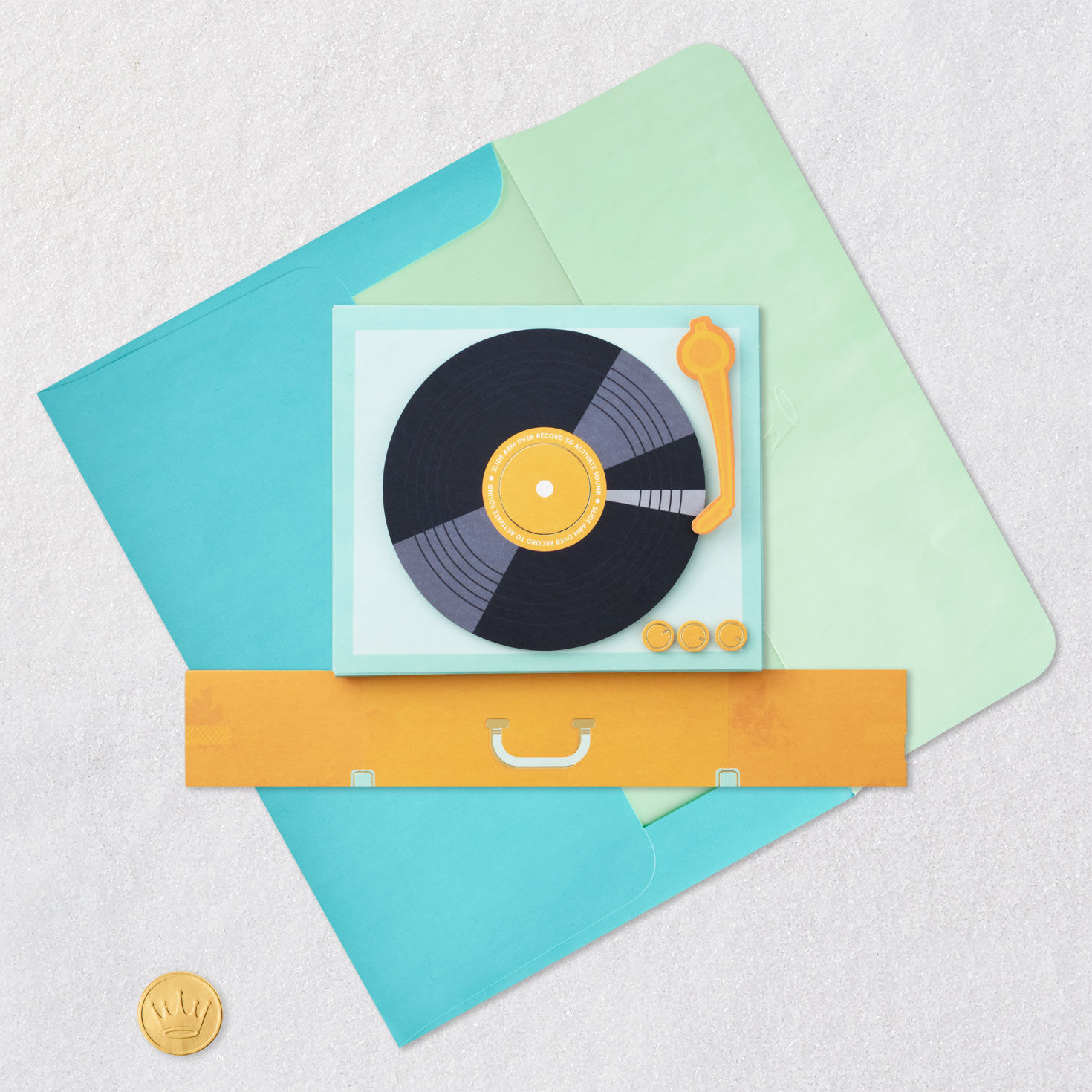 Retro Record Player Pop-Up Birthday Card with Music Card Front with Envelope and Gold Seal image number 5