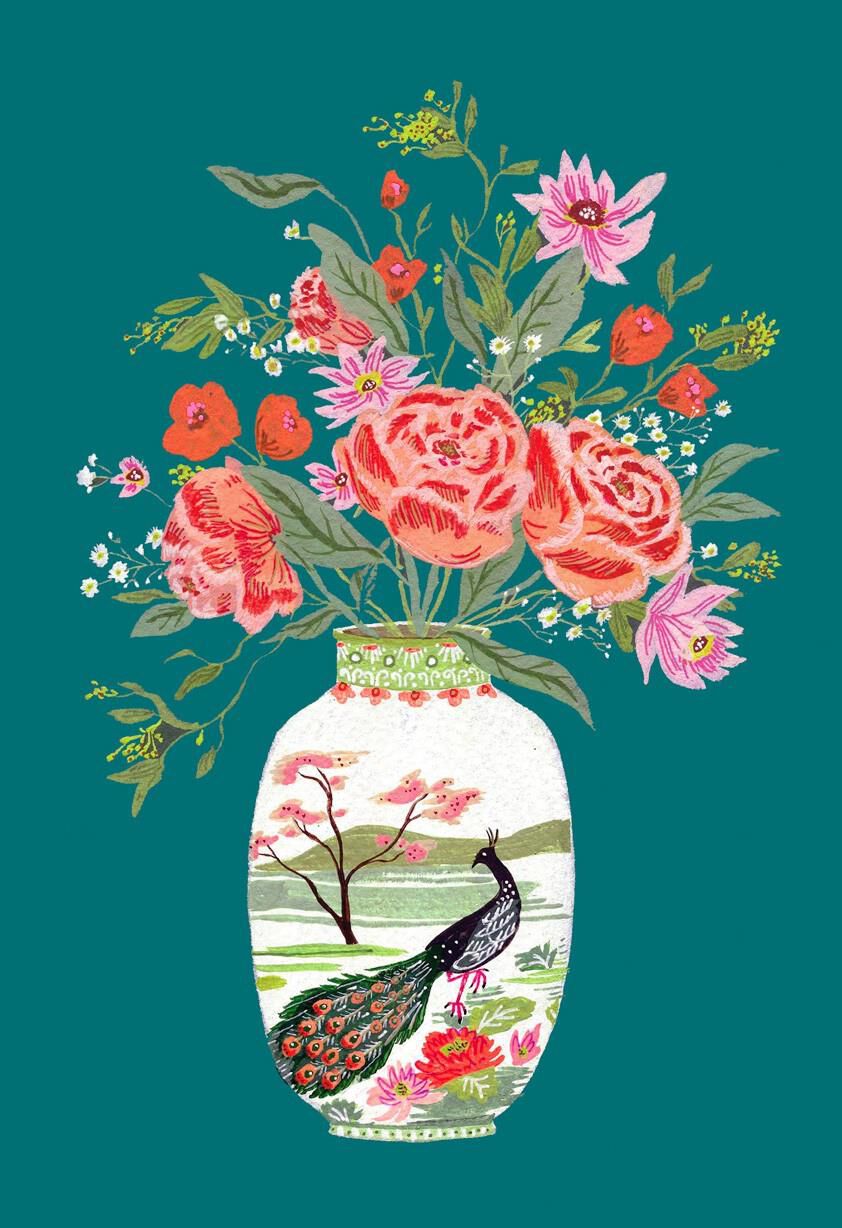 Peacock Vase with Flowers Mother's Day Card