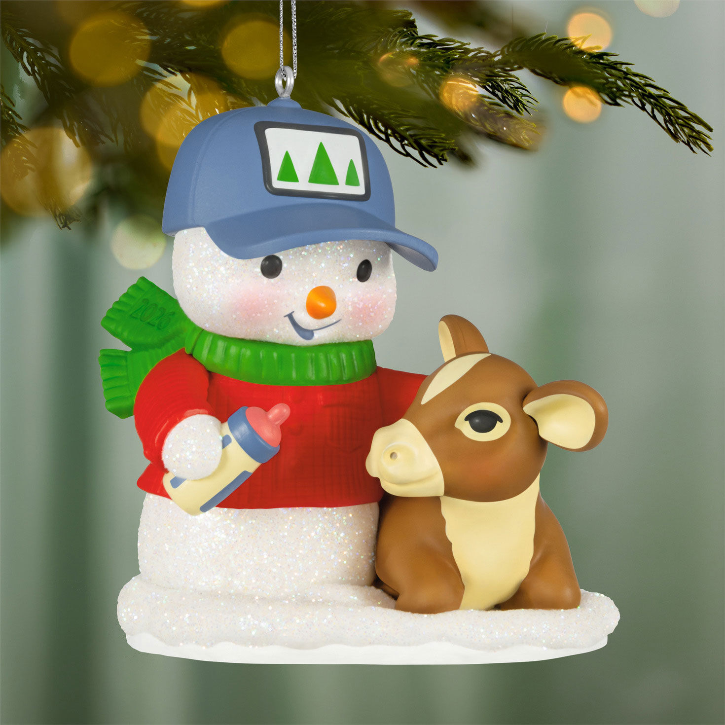 Snowman With Baby Cow Keepsake Ornament hanging on tree image number 2