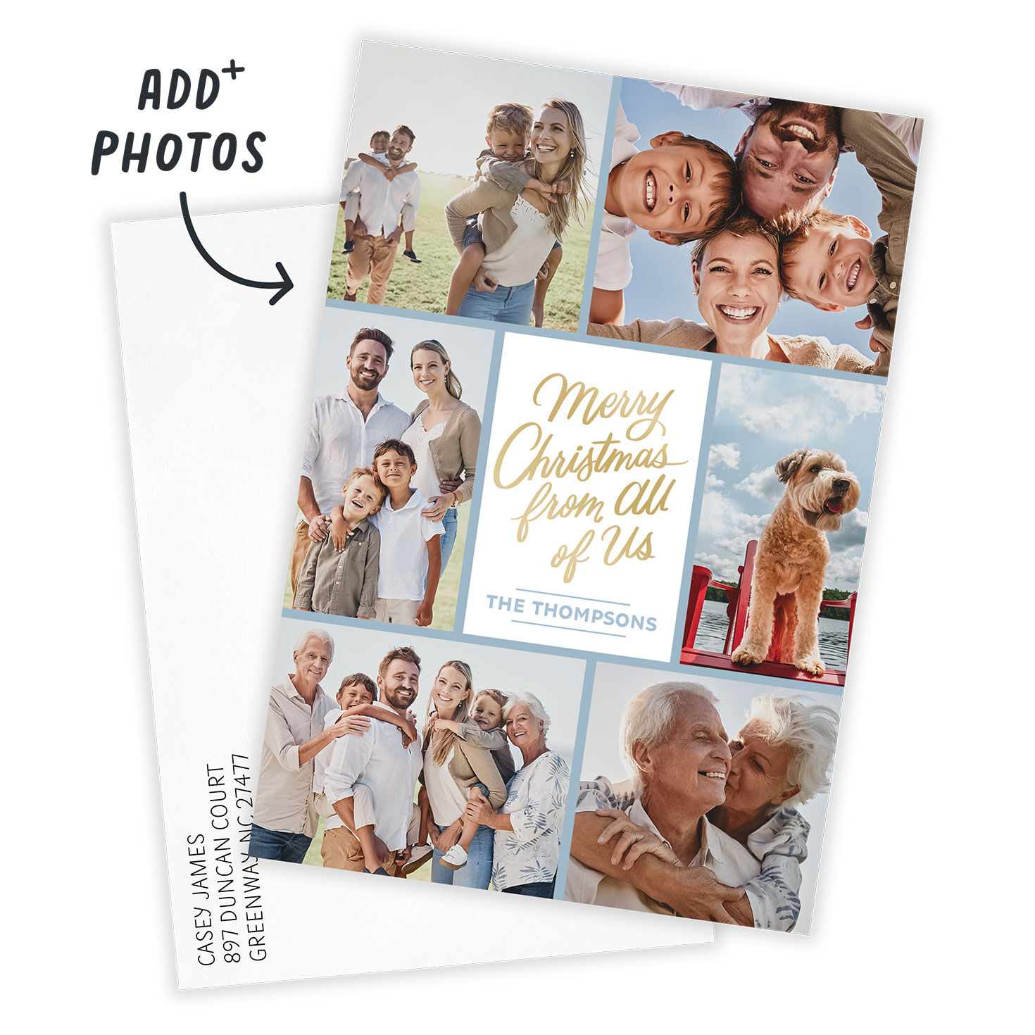 Blue Gold Photo Border Personalized Christmas Card Card Front indicating personalization image number 2