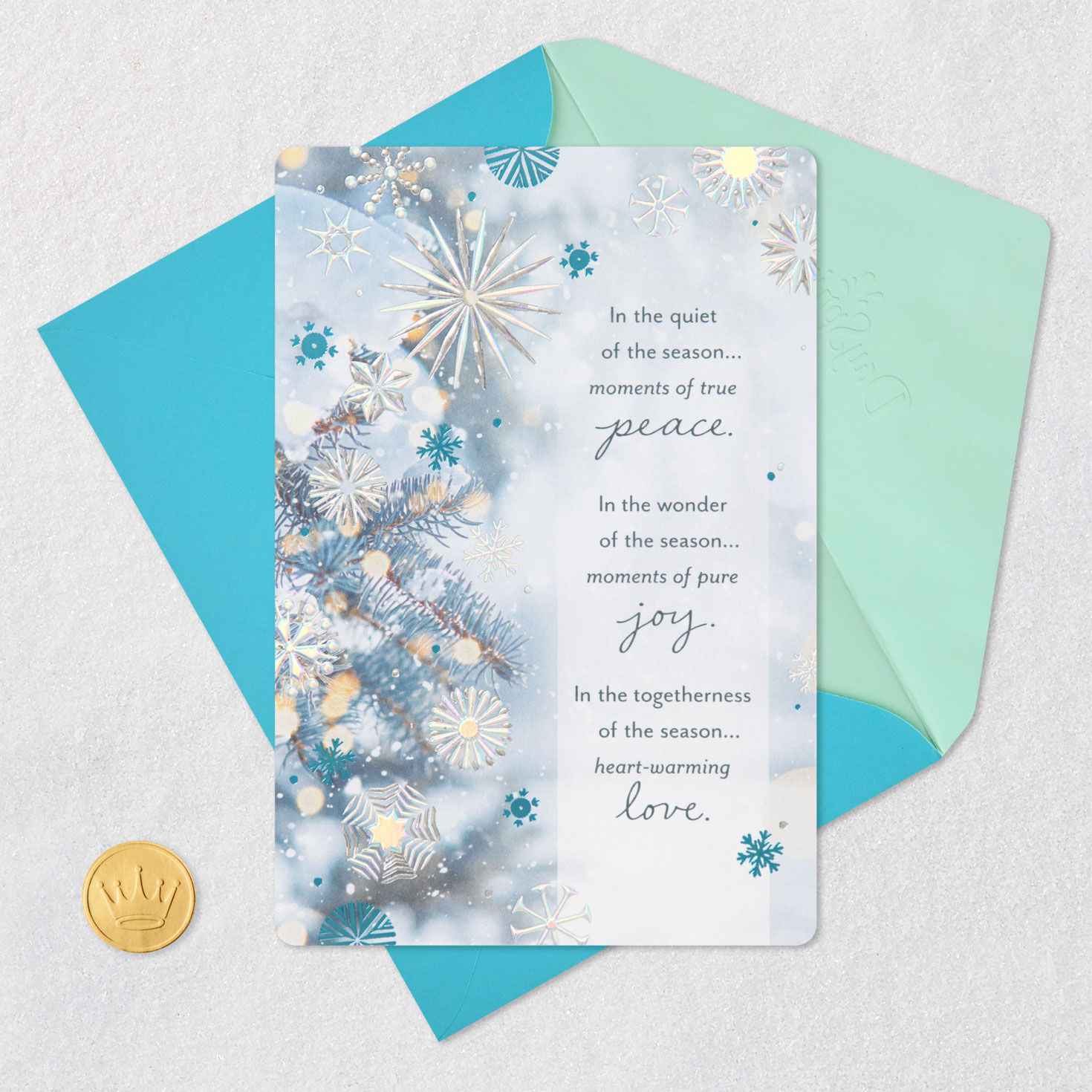 Snowflake and Pine Christmas Card Card Front with Envelope and Gold Seal image number 6