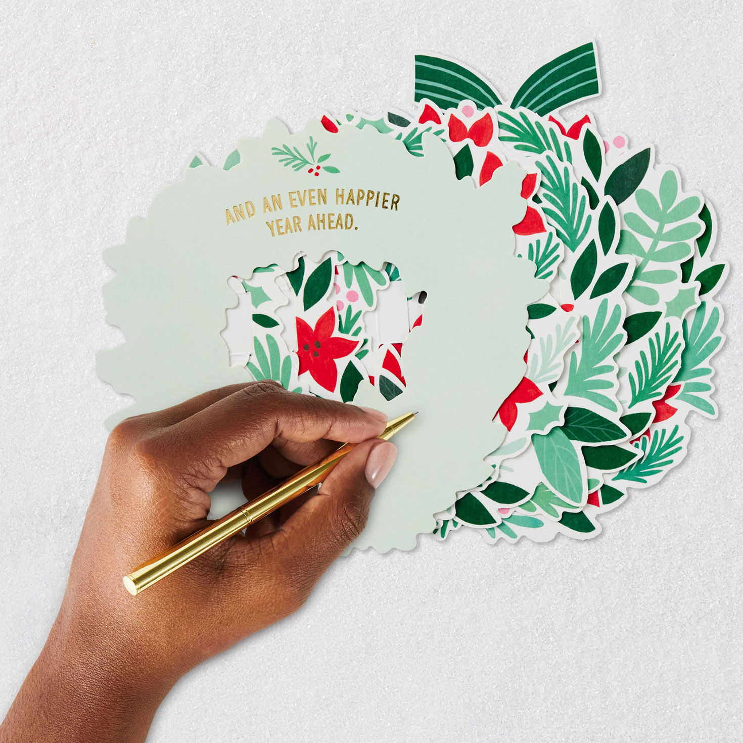 Red and Green Poinsettia Wreath Christmas Card signing card image number 7