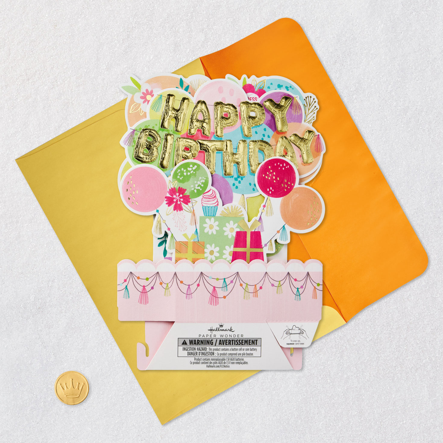 Pink, Peach, Light Blue Balloons Pop-Up Card Card Front with Envelope and Gold Seal image number 5