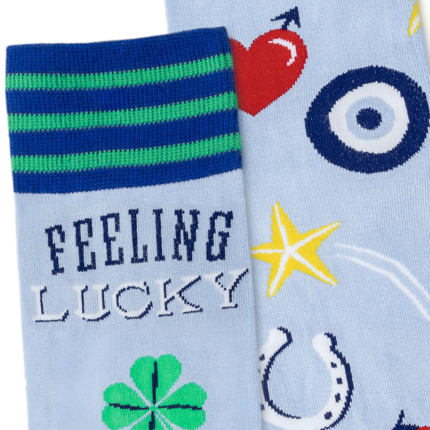 Feeling Lucky Blue Crew Socks With Lucky Icons upclose detail image number 3