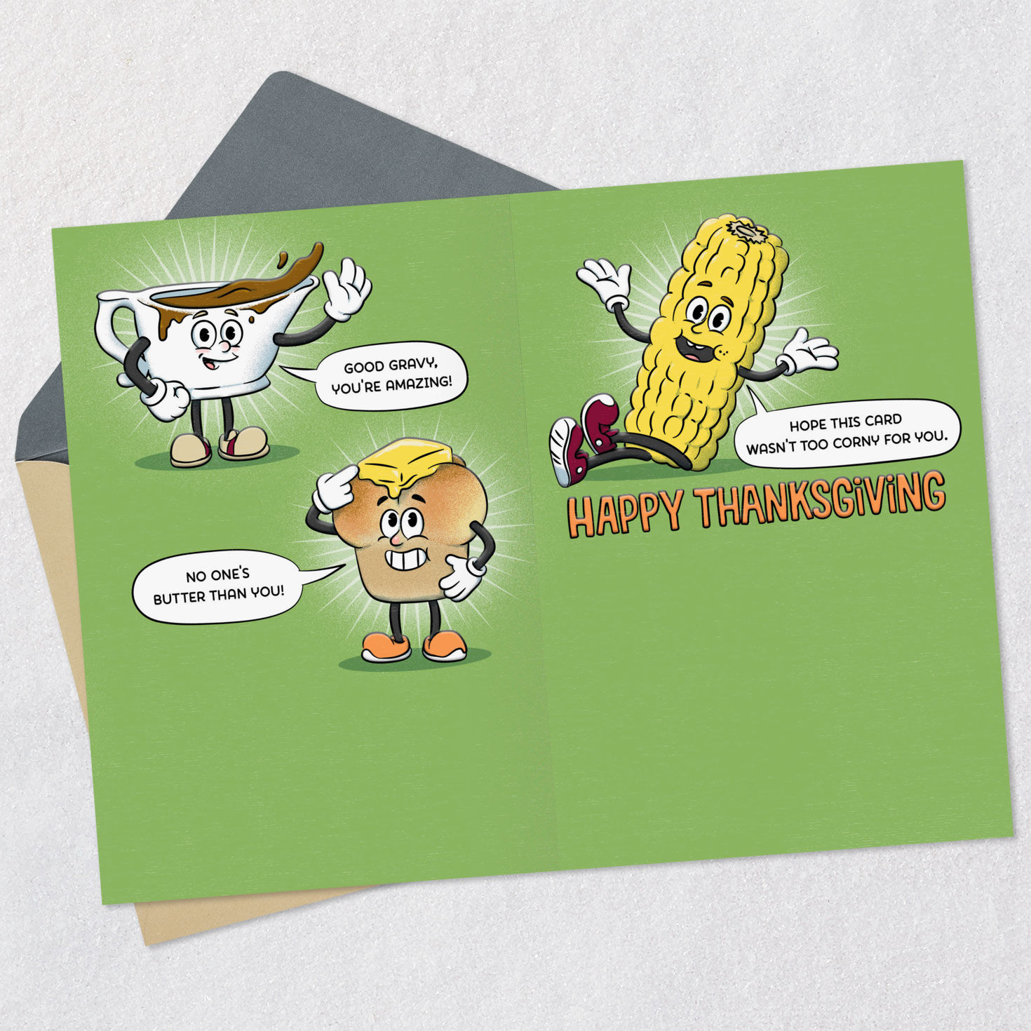 Funny Food Puns Thanksgiving Card Open card with envelope image number 4