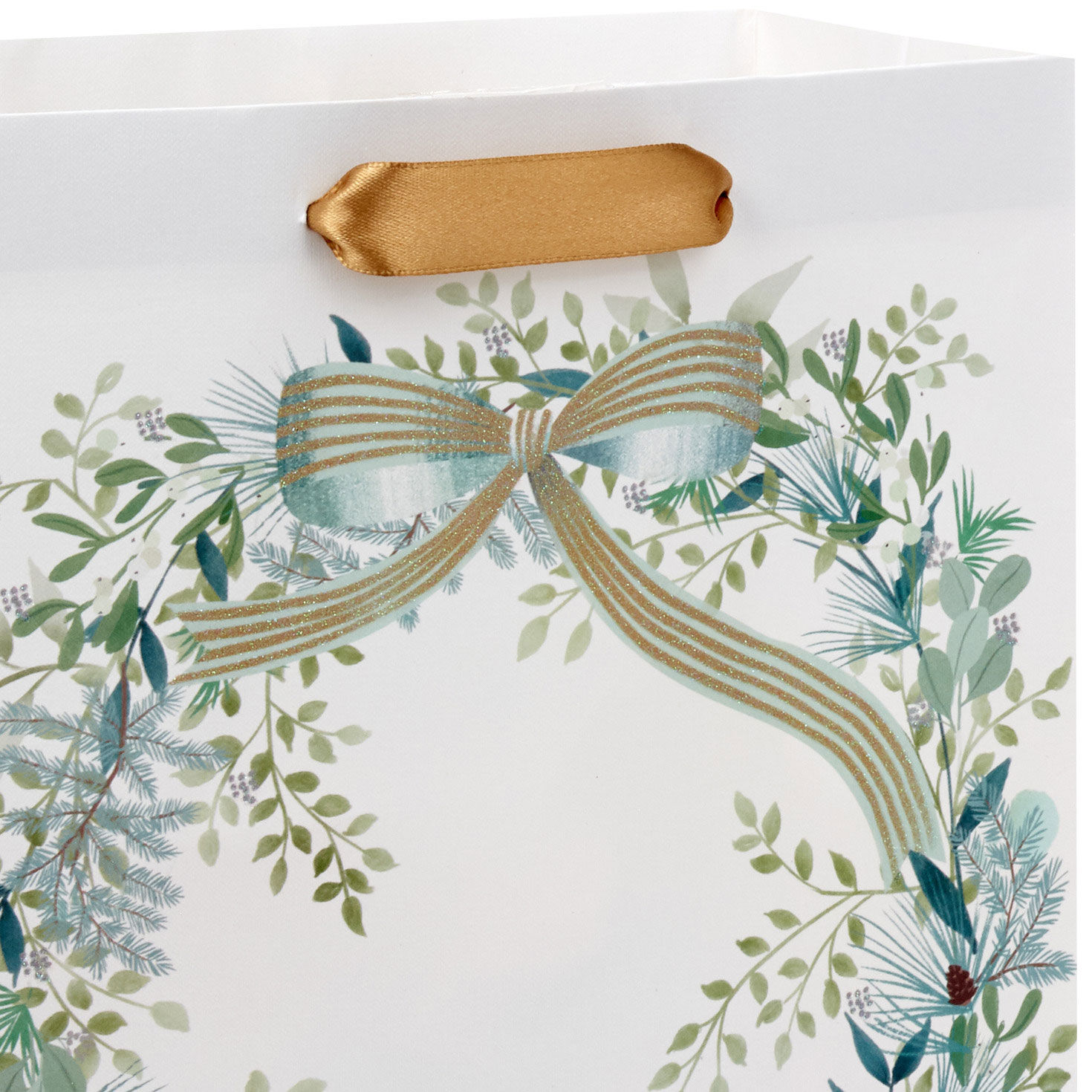 Winter Greenery Wreath on White Medium Gift Bag Handle Detail image number 4