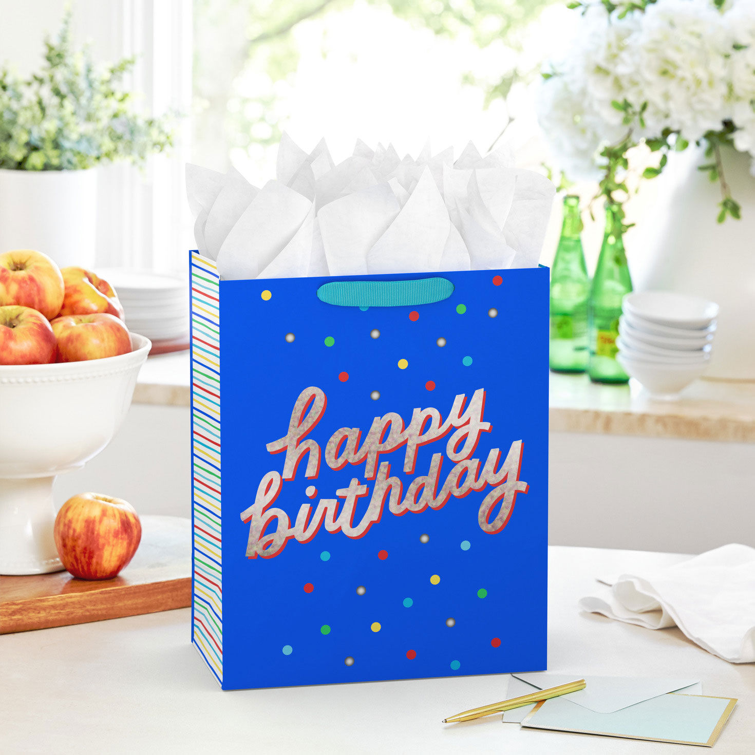 Happy Birthday Dots on Blue Large Gift Bag in use image number 2