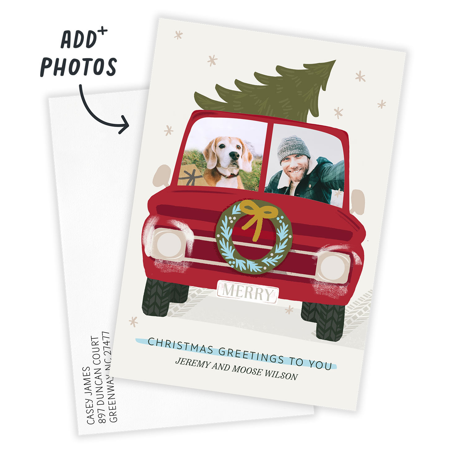 Red Truck With Photos Personalized Christmas Card Card Front indicating personalization image number 2