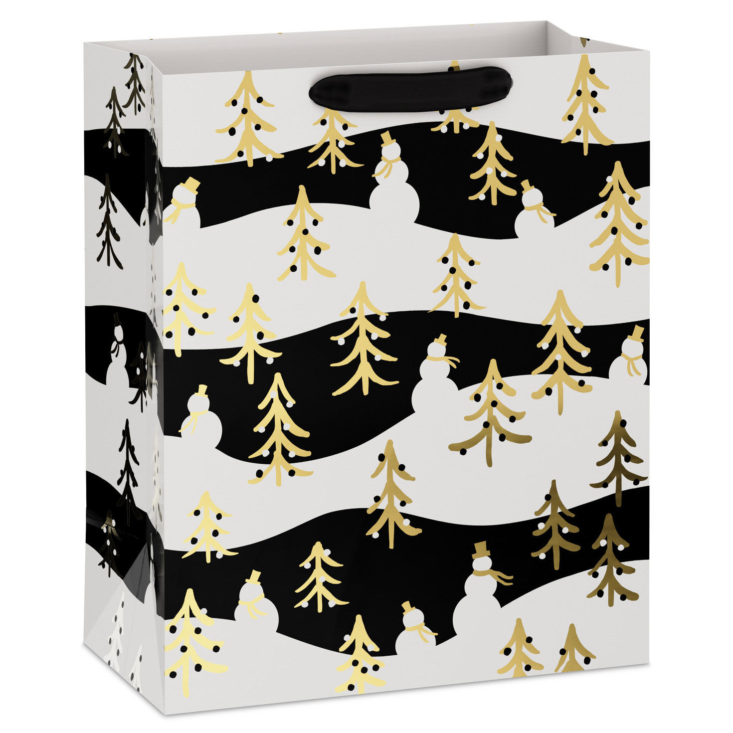 13" Gold Trees on Black and White Large Christmas Gift Bag