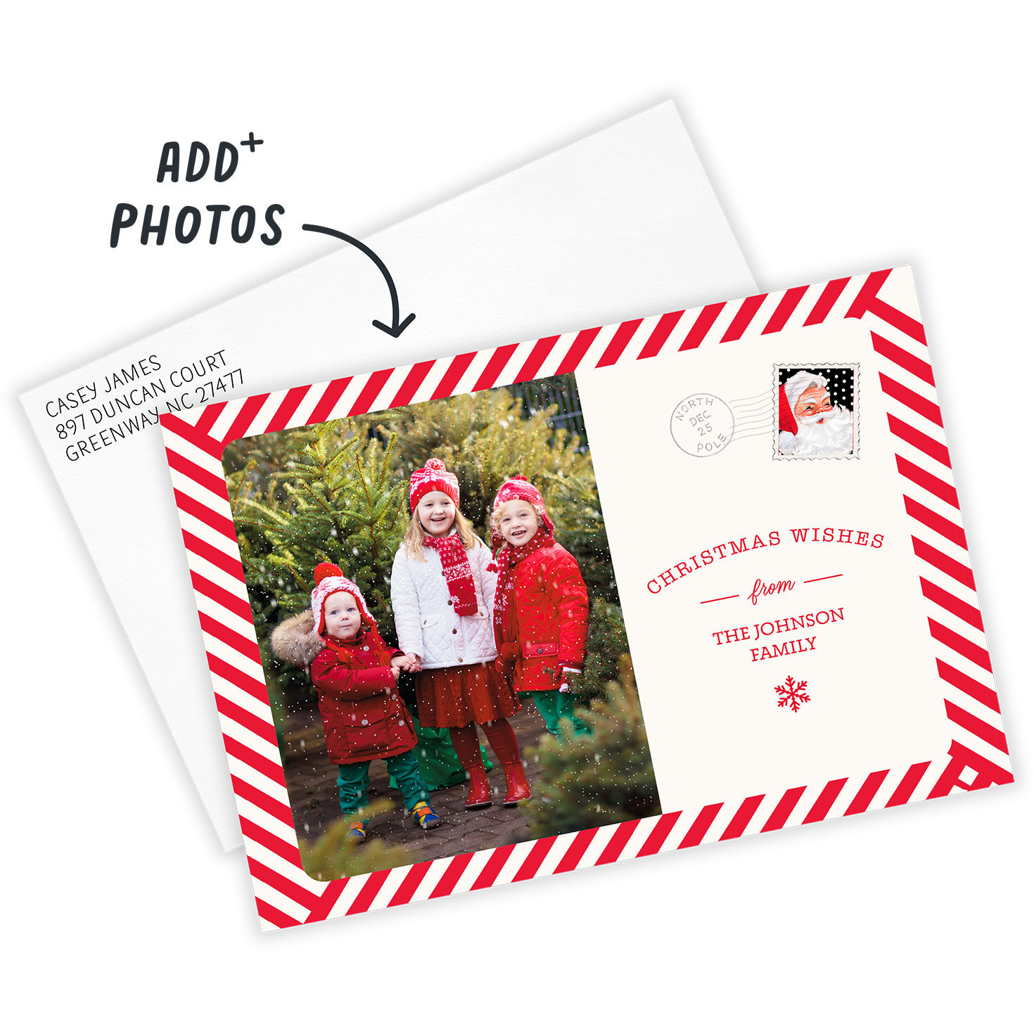 Red White Christmas Postcard Personalized Photo Card Card with Envelope indicating personalization image number 2