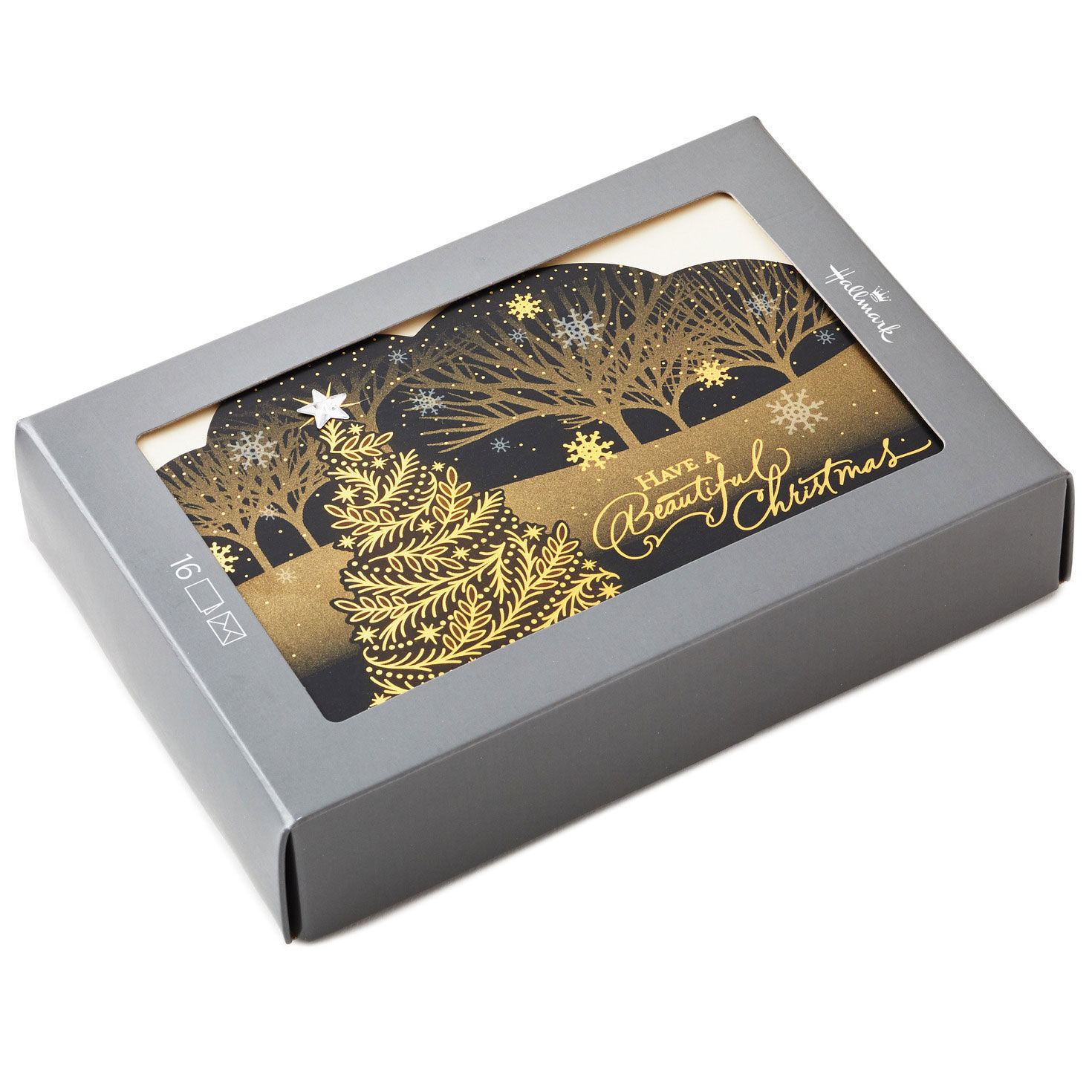 Elegant Tree on Black Boxed Christmas Cards, Pack of 16