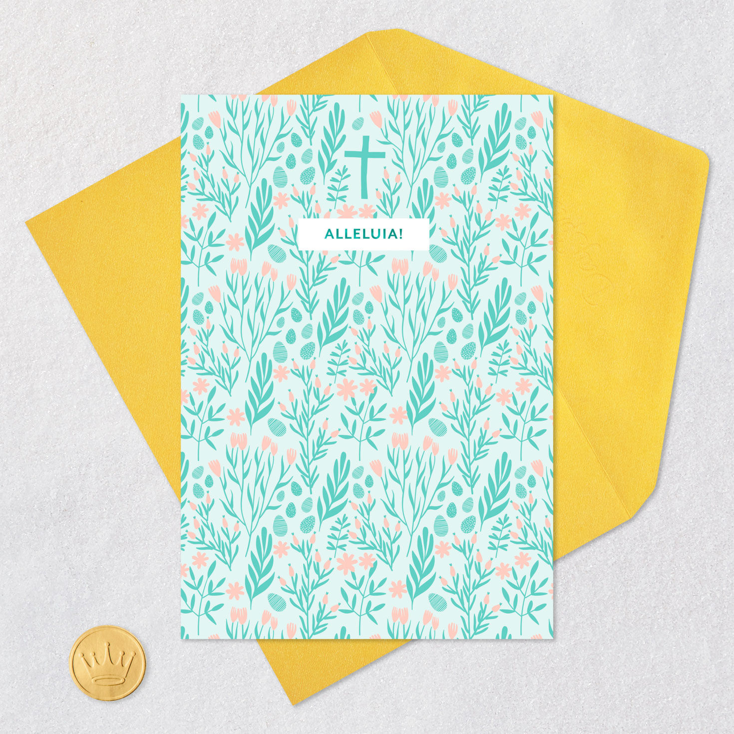 Peach and Mint Green Floral Easter Card Card Front with Envelope and Gold Seal image number 6