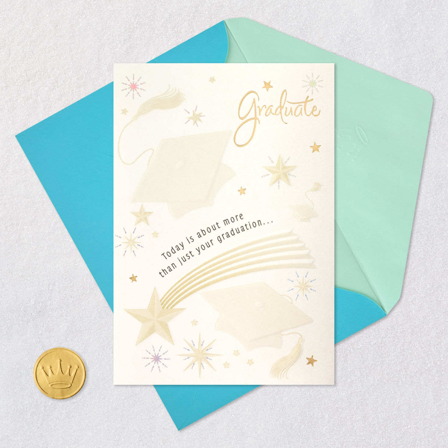 Taupe Graduation Caps and Gold Stars on White Grad Card Card Front with Envelope and Gold Seal image number 5