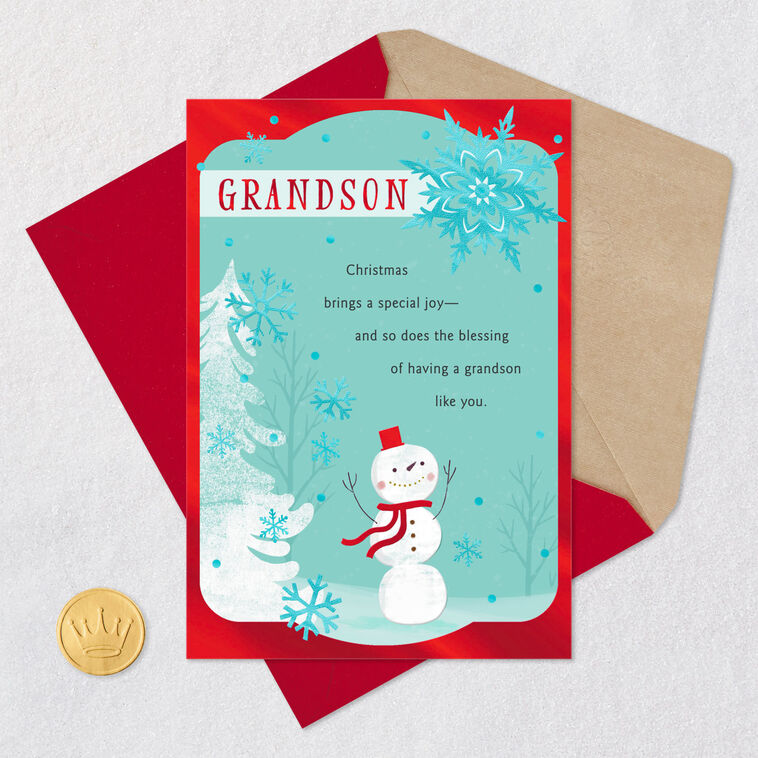 Happy Snowman Religious Grandson Christmas Card Card Front with Envelope and Gold Seal image number 6