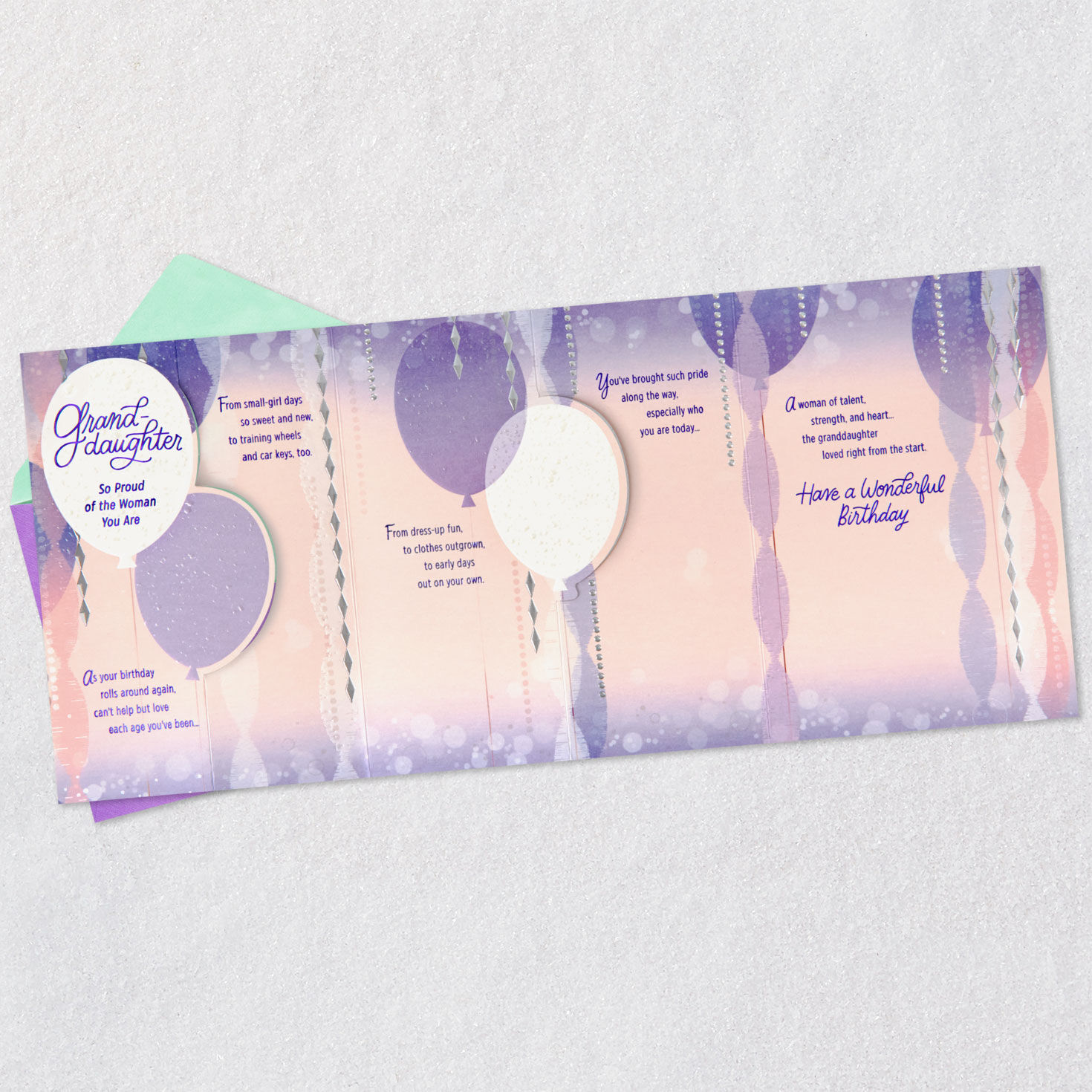 Balloons and Streamers Granddaughter Birthday Card Open card with envelope image number 6