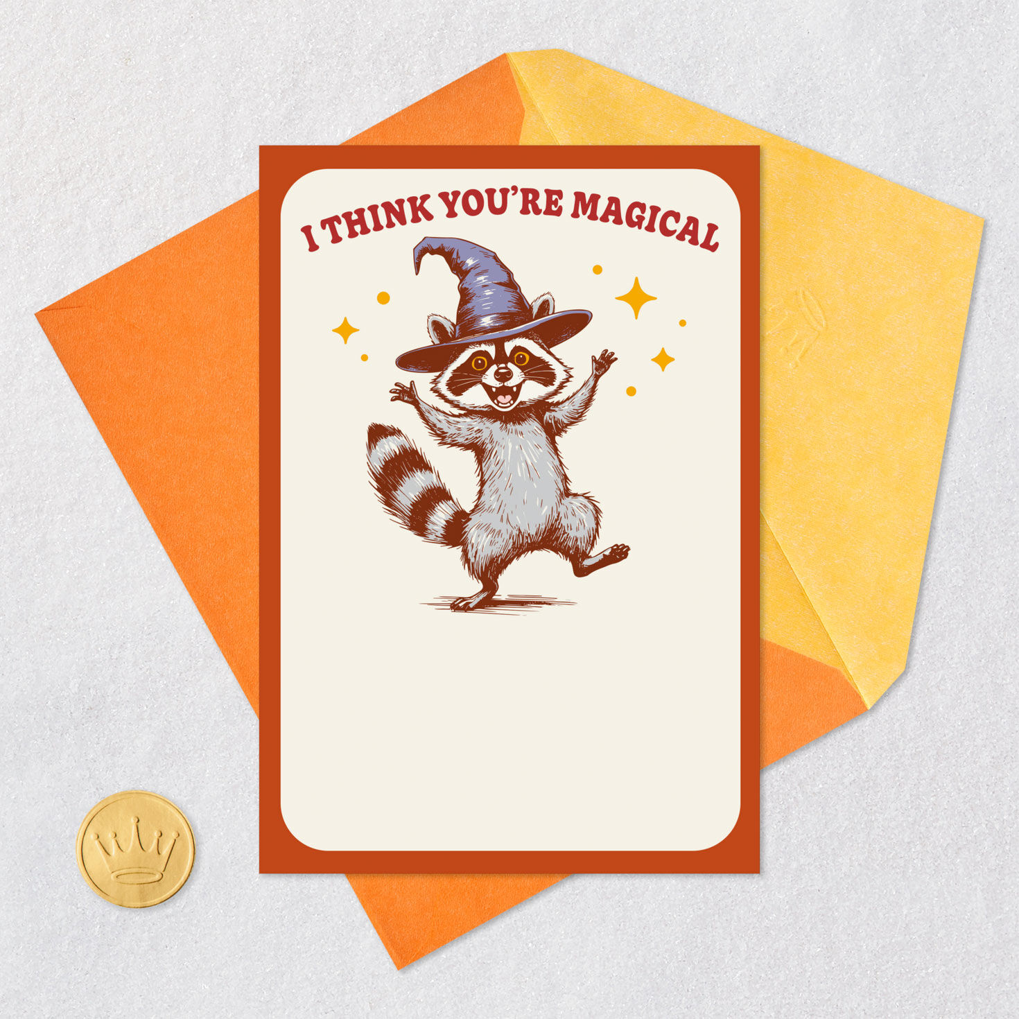 Magical Raccoon Wizard Funny Halloween Card Card Front with Envelope and Gold Seal image number 5