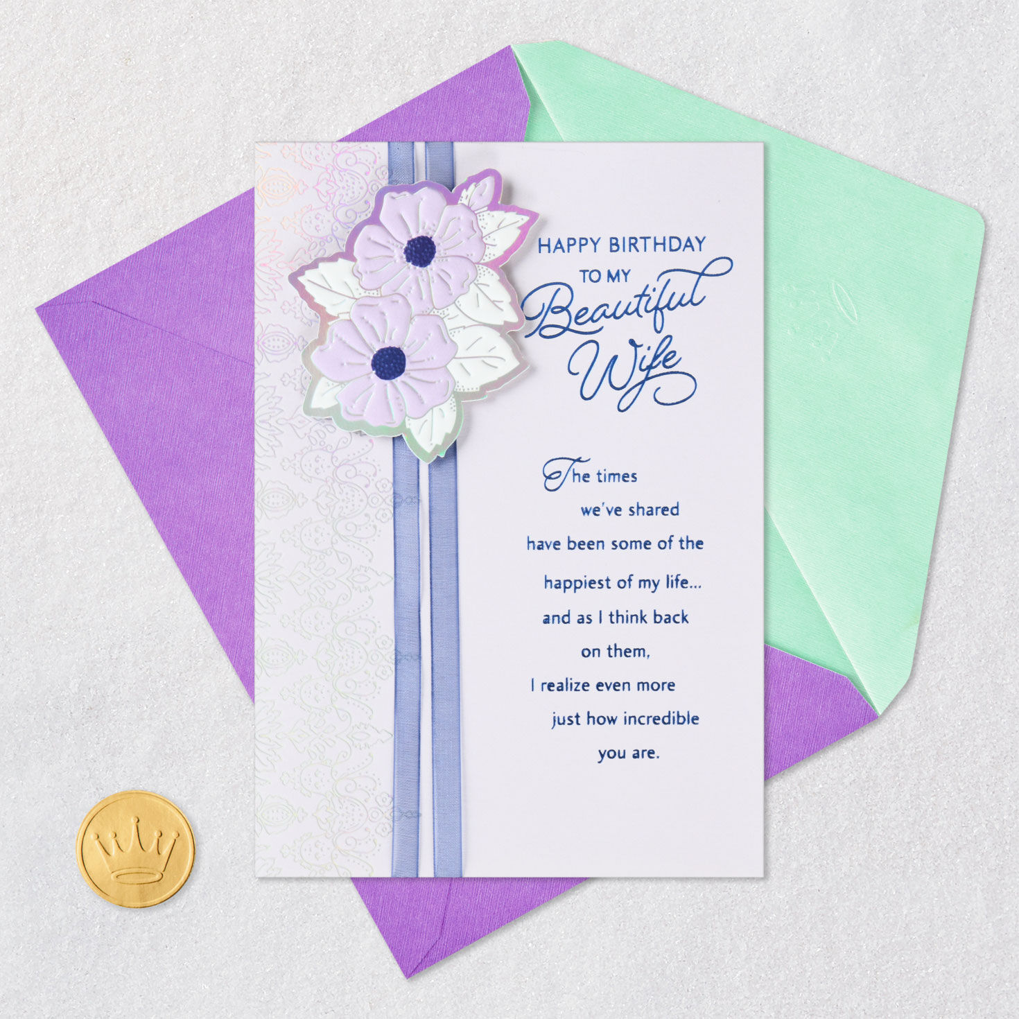 Lavender Flowers Wife Birthday Card Card Front with Envelope and Gold Seal image number 5