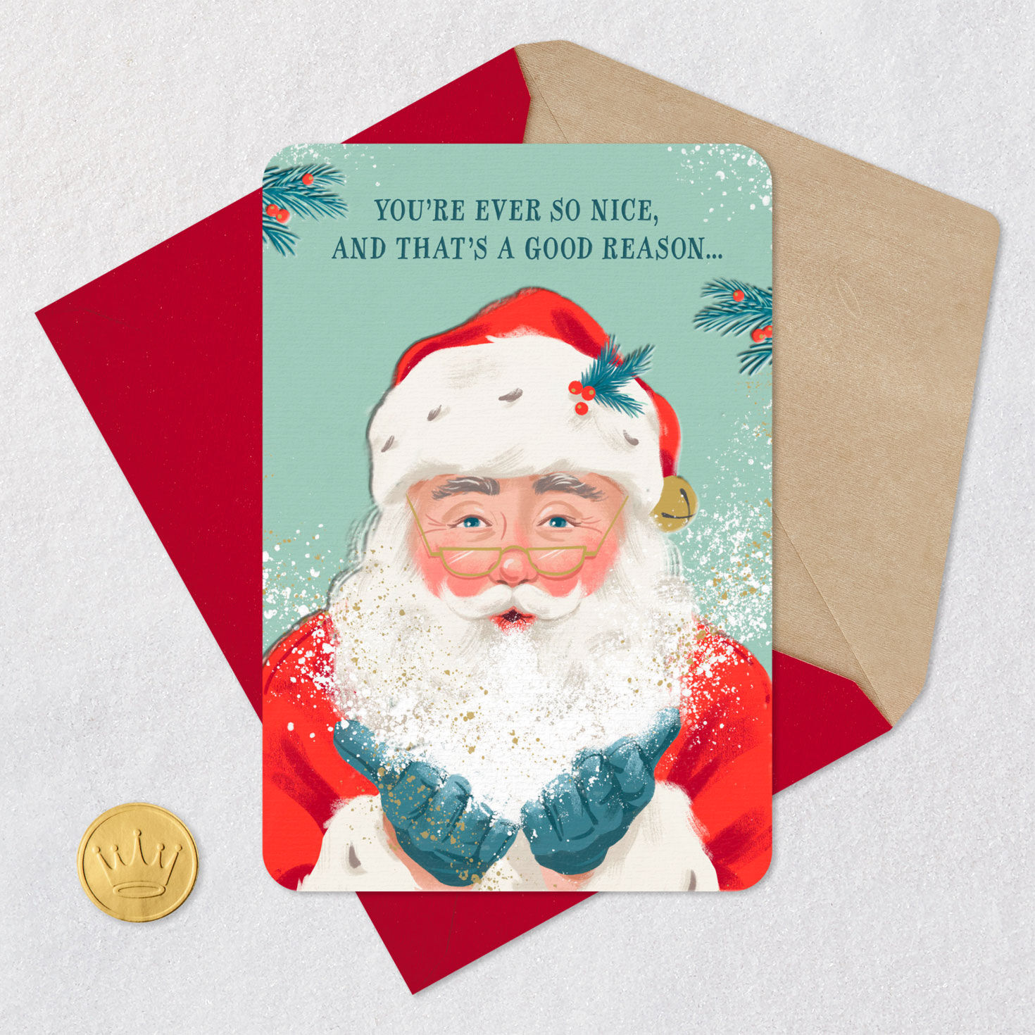 Vintage Santa with Snow on Green Christmas Card Card Front with Envelope and Gold Seal image number 5