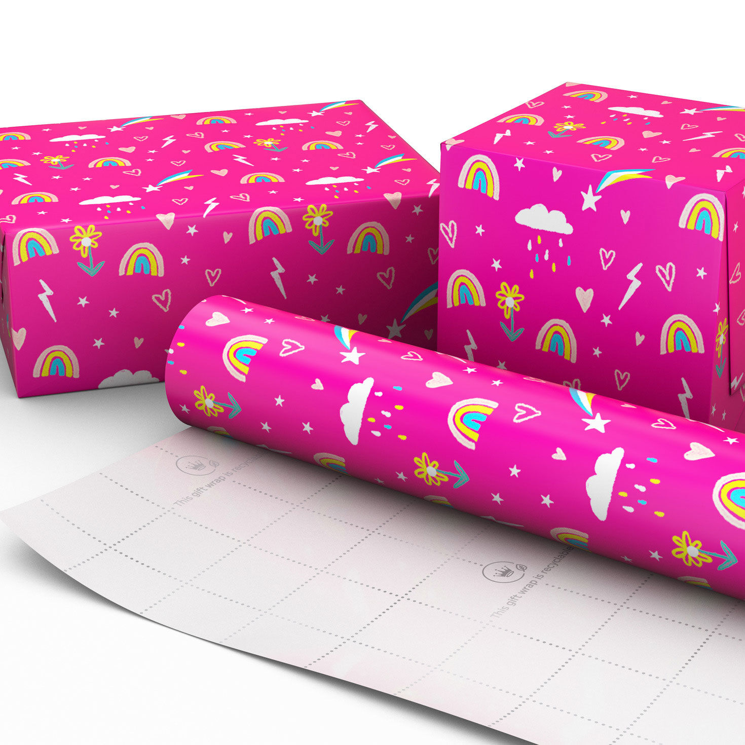 Rainbows and Flowers on Pink Jumbo Wrapping Paper 90 sq. ft