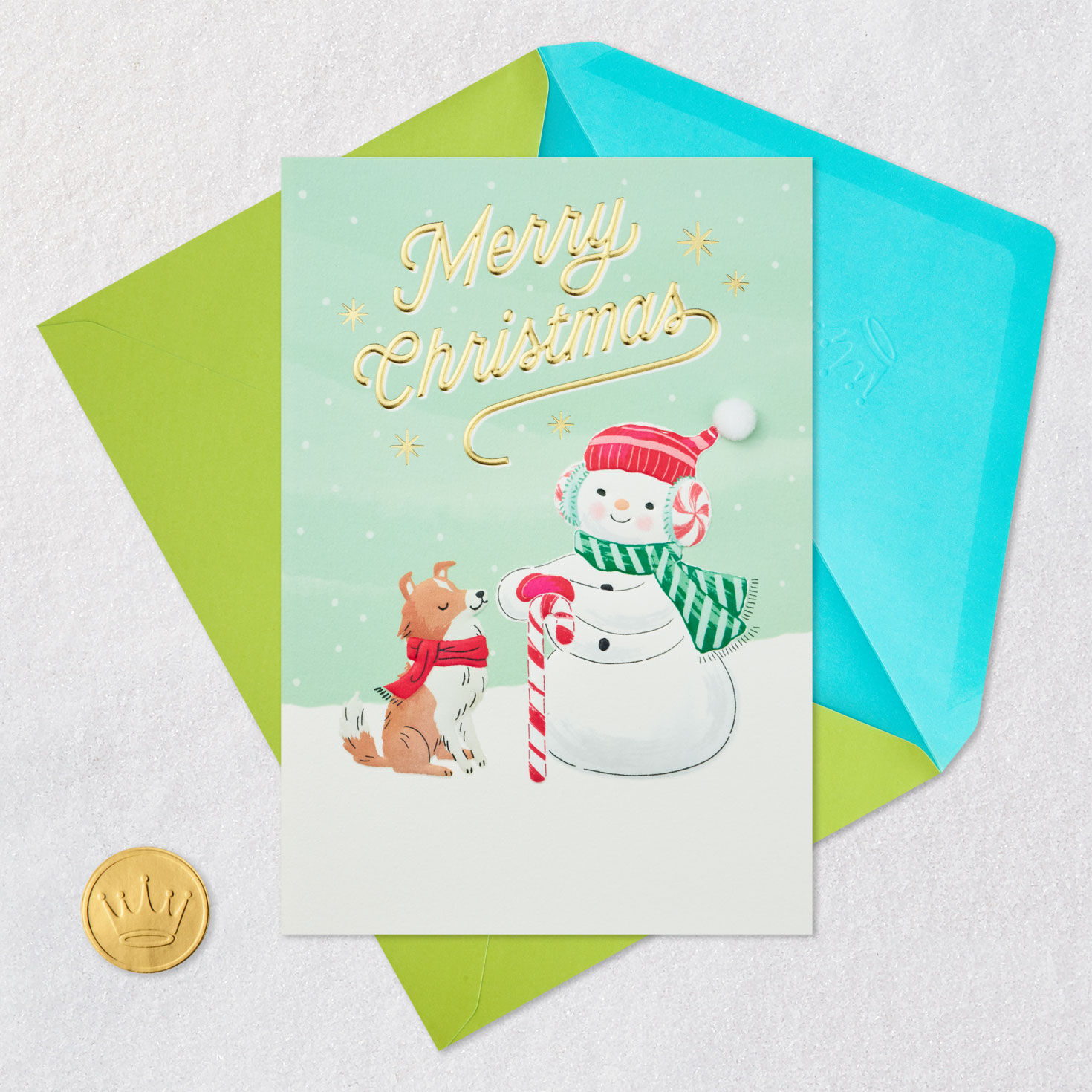 Snowman and Dog Mint Green Christmas Card Card Front with Envelope and Gold Seal image number 5