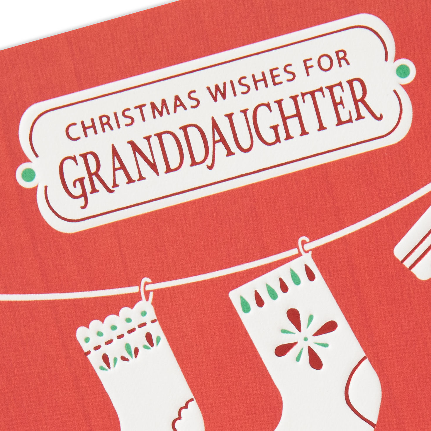 Hanging Stockings on Red Christmas Card for Granddaughter Card Front Detail image number 5