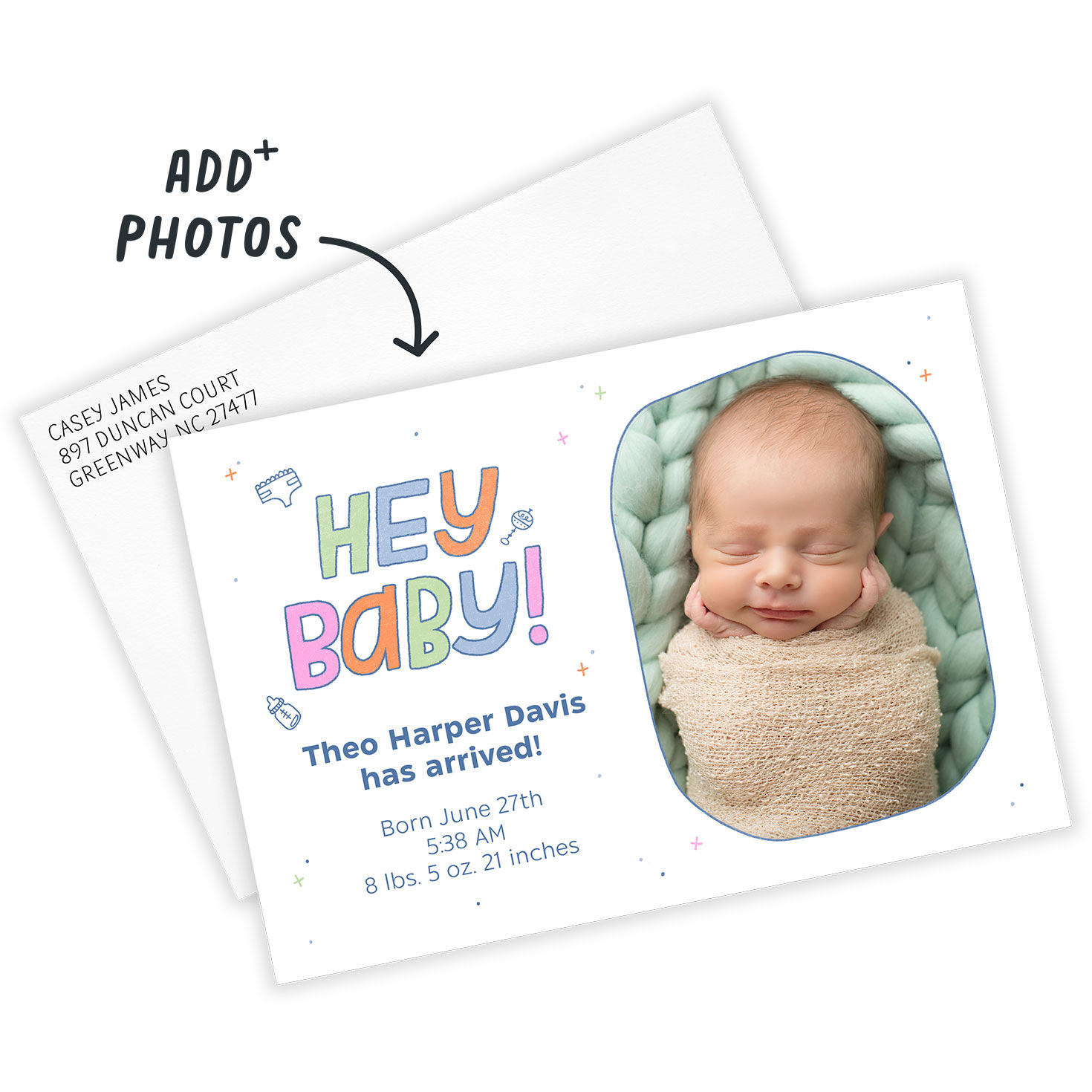 Casual Colored Letters Personalized Baby Announcement Card front with Envelope indicating personalization image number 2