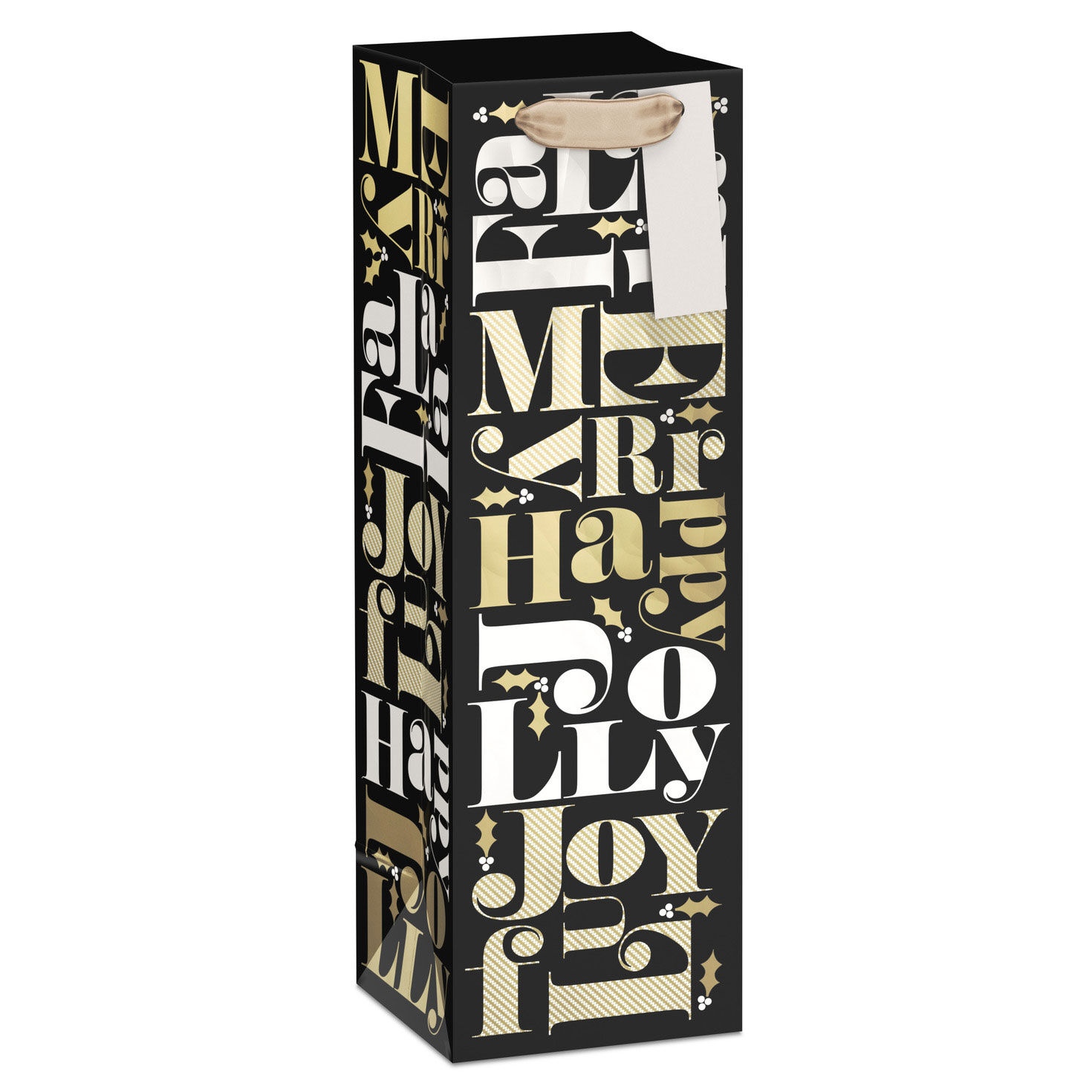 13" Black and Gold Fa La La Christmas Wine Gift Bag With Gift Tag