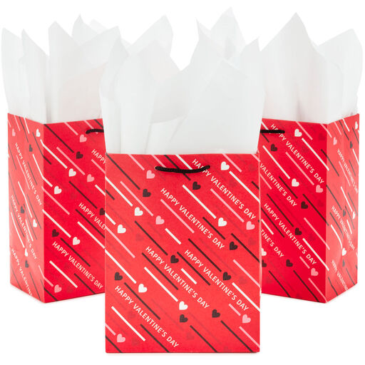 8.8" Diagonal Hearts and Stripes 3-Pack Medium Valentine's Day Gift Bags With Tissue Paper, 