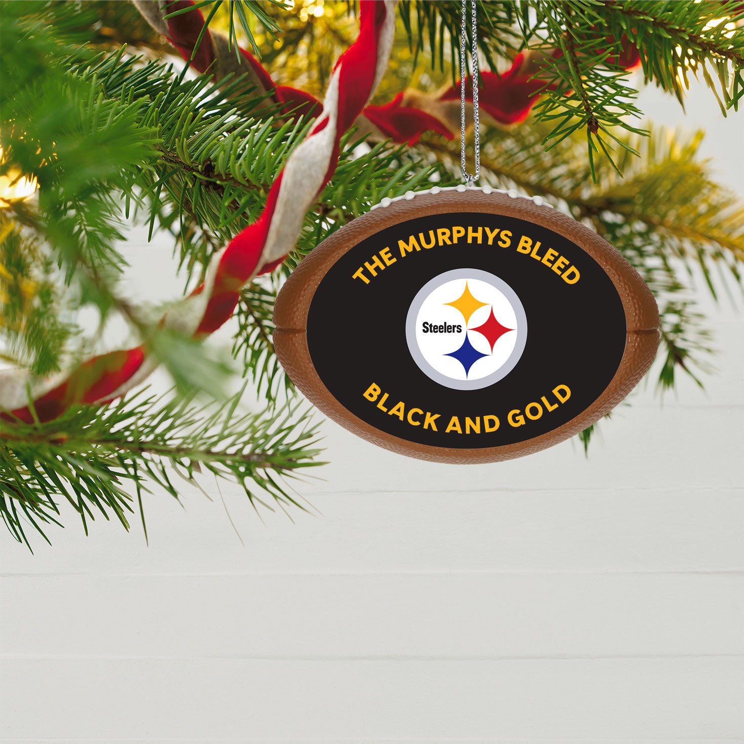 NFL Football Pittsburgh Steelers Text Personalized Ornament hanging on tree image number 4