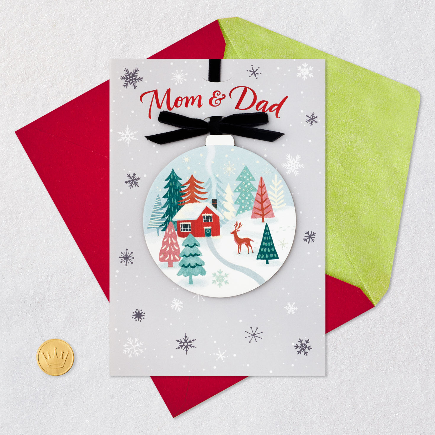 Deer and Cabin in Snowy Forest Parents Christmas Card Card Front with Envelope and Gold Seal image number 6