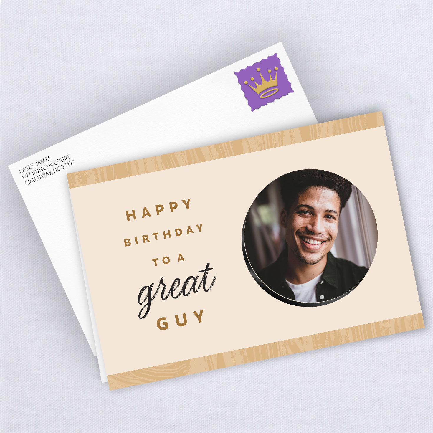 Circle Photo Woodgrain Edges Personalized Card  image number 4