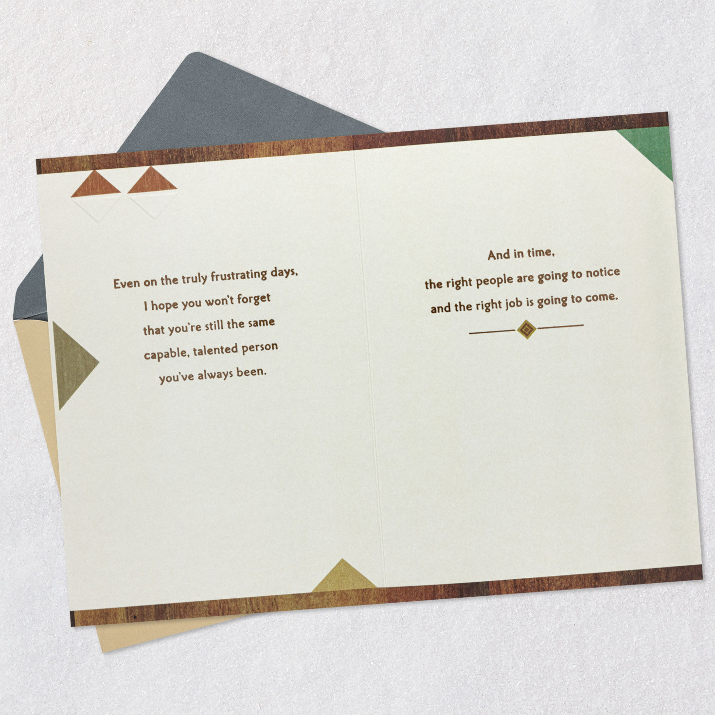 Teal, Yellow and Coral Triangles Job Loss Card Open card with envelope image number 4
