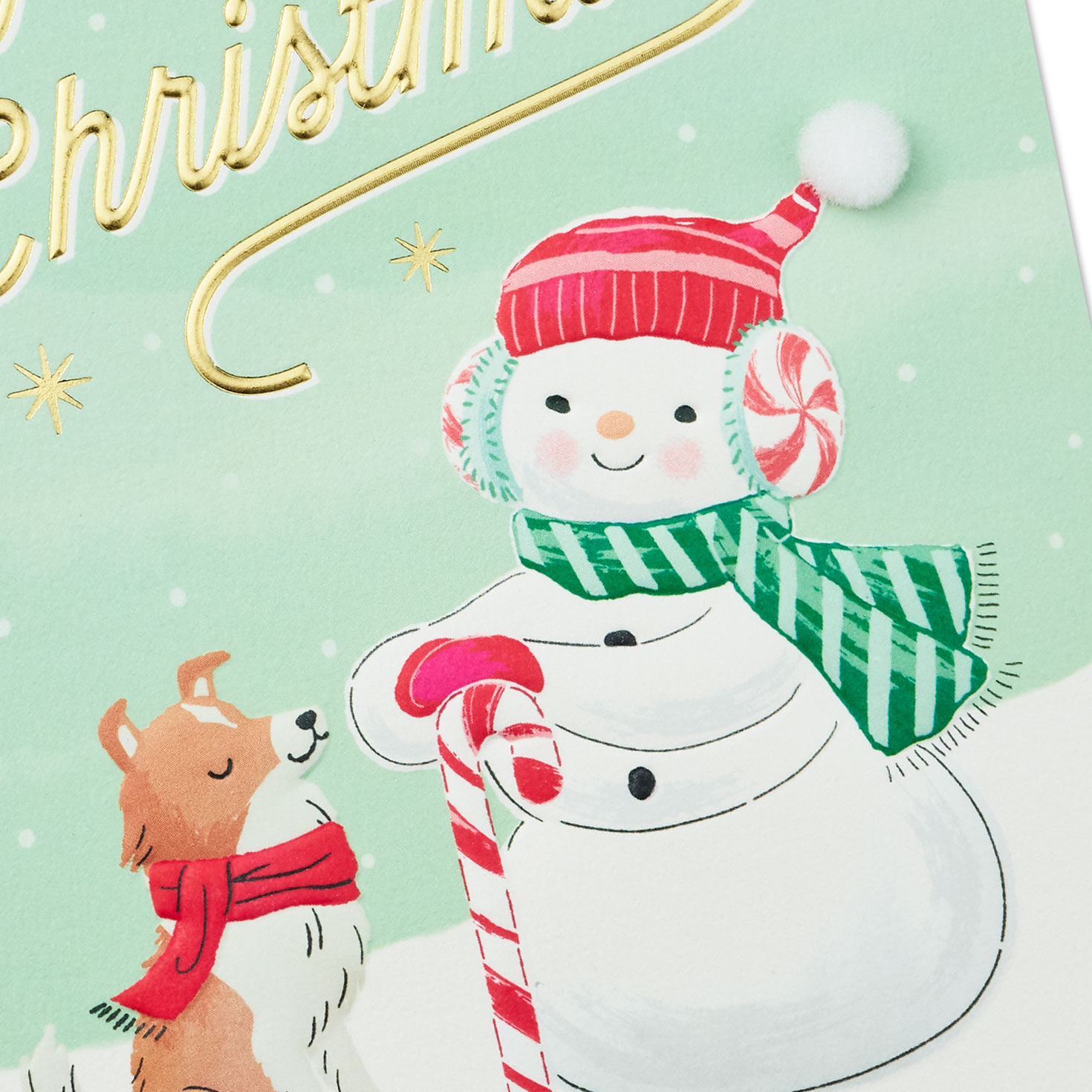 Snowman and Dog Mint Green Christmas Card Card Front Detail image number 4