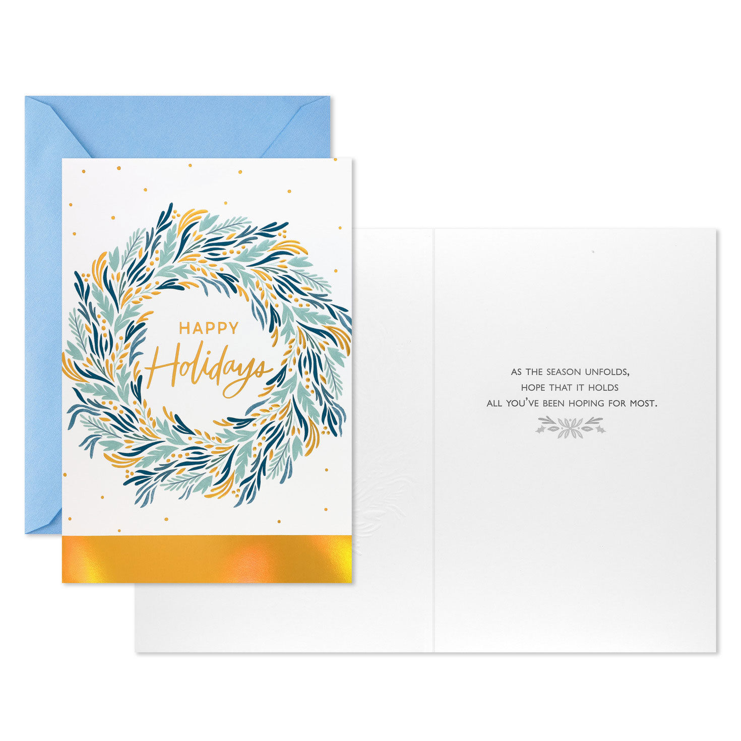 Blue Wreath on White Boxed Christmas Cards Card Front with Sentiment image number 3
