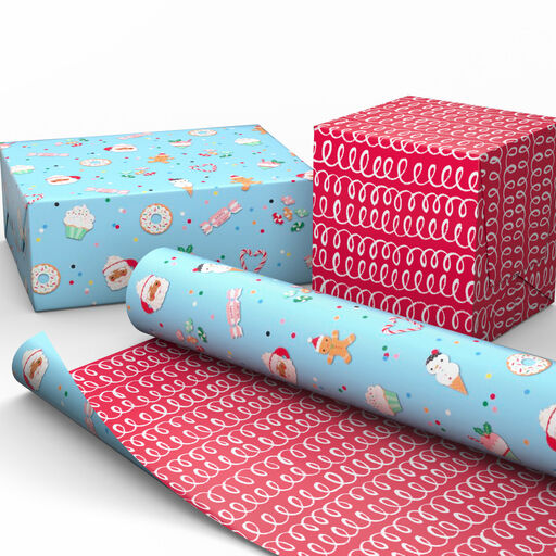 Sweets and Treats/Red Loops Reversible Christmas Wrapping Paper, 35 sq. ft., 