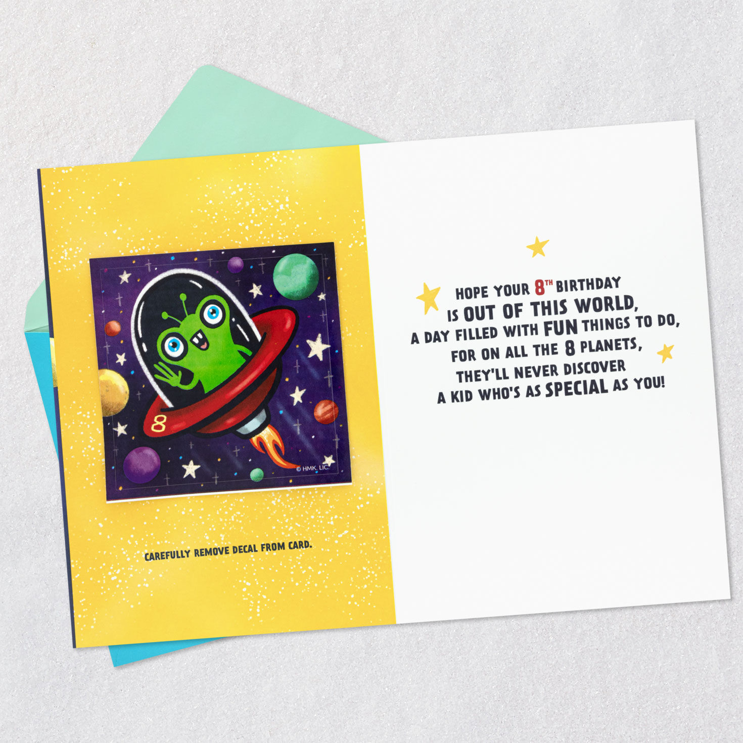 Outer Space 8th Birthday Card With Alien Decal Open card with envelope image number 3