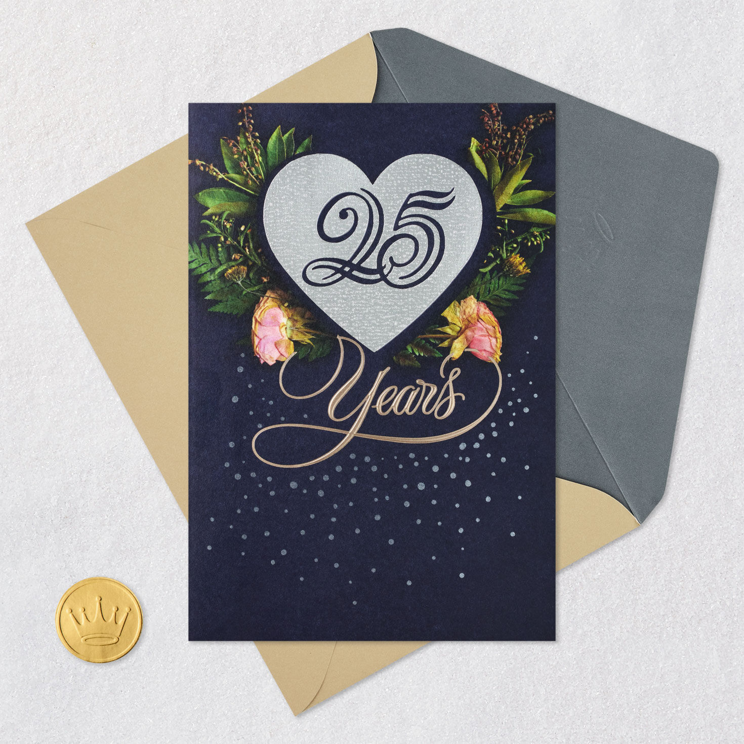 Pink Flowers and Silver Heart on Navy Anniversary Card Card Front with Envelope and Gold Seal image number 6