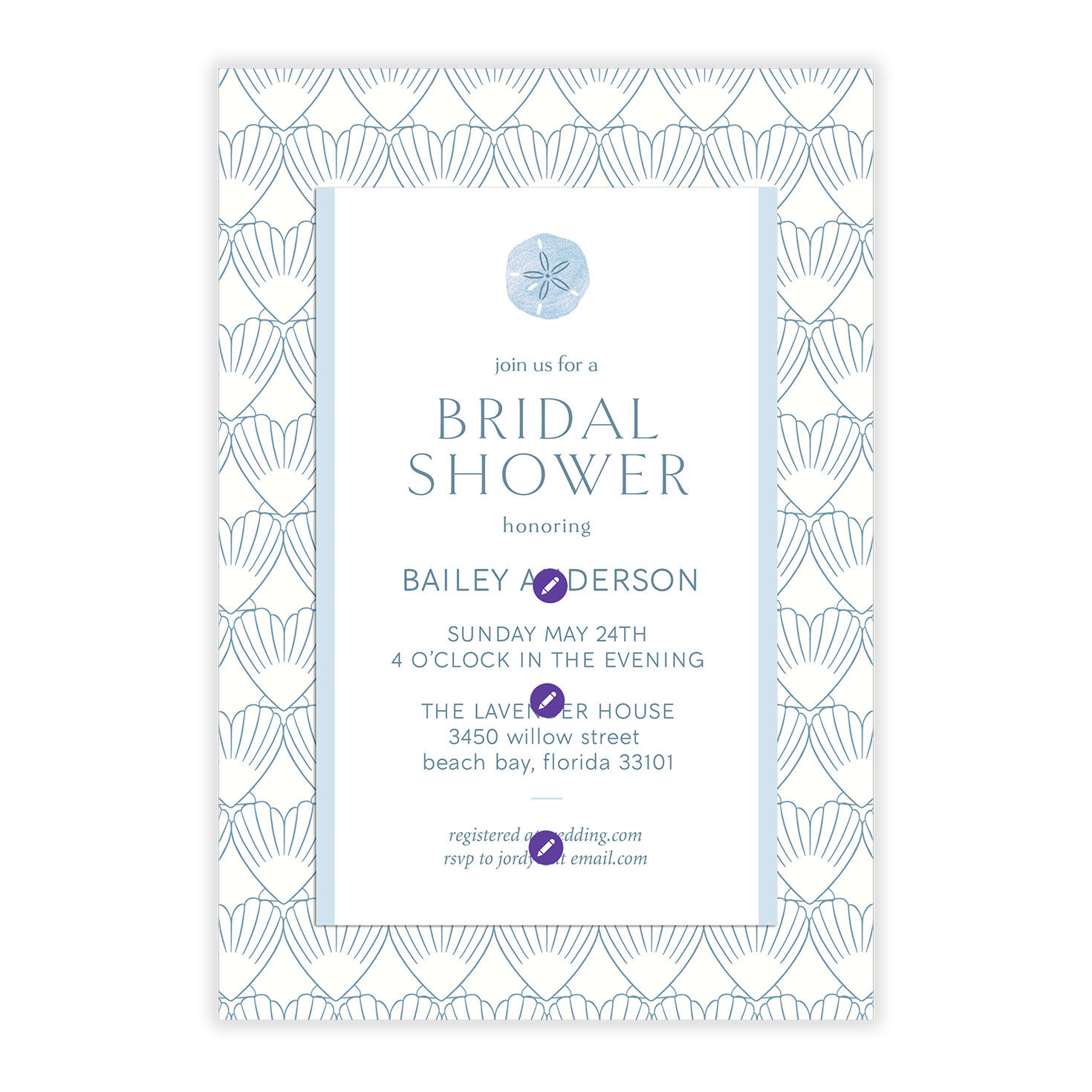 Blue Shell Pattern Personalized Shower Invitation Card Front indicating personalization image number 5