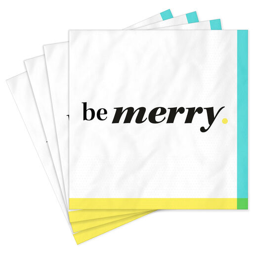 Black and White "Be Merry" Cocktail Napkins, Set of 16, 