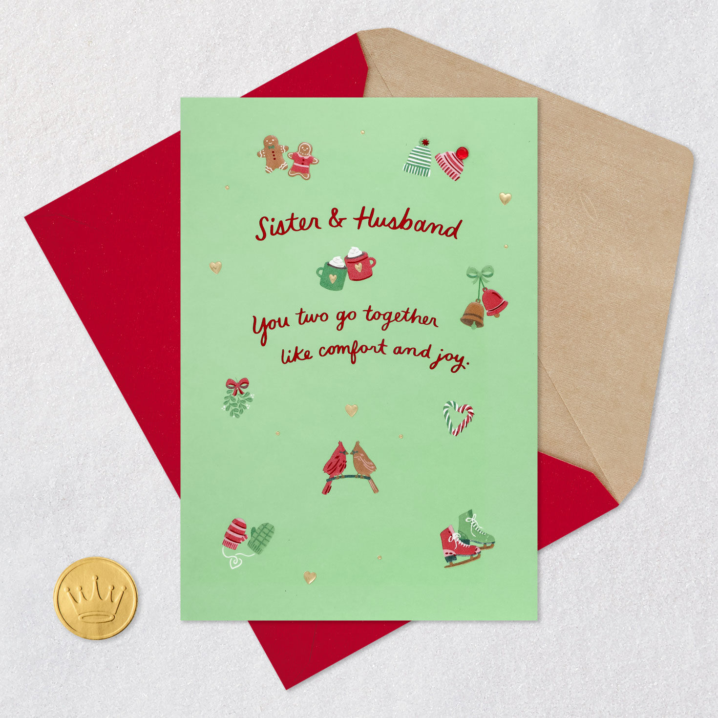 Cute Pairs Christmas Card for Sister and Brother-in-Law Card Front with Envelope and Gold Seal image number 6