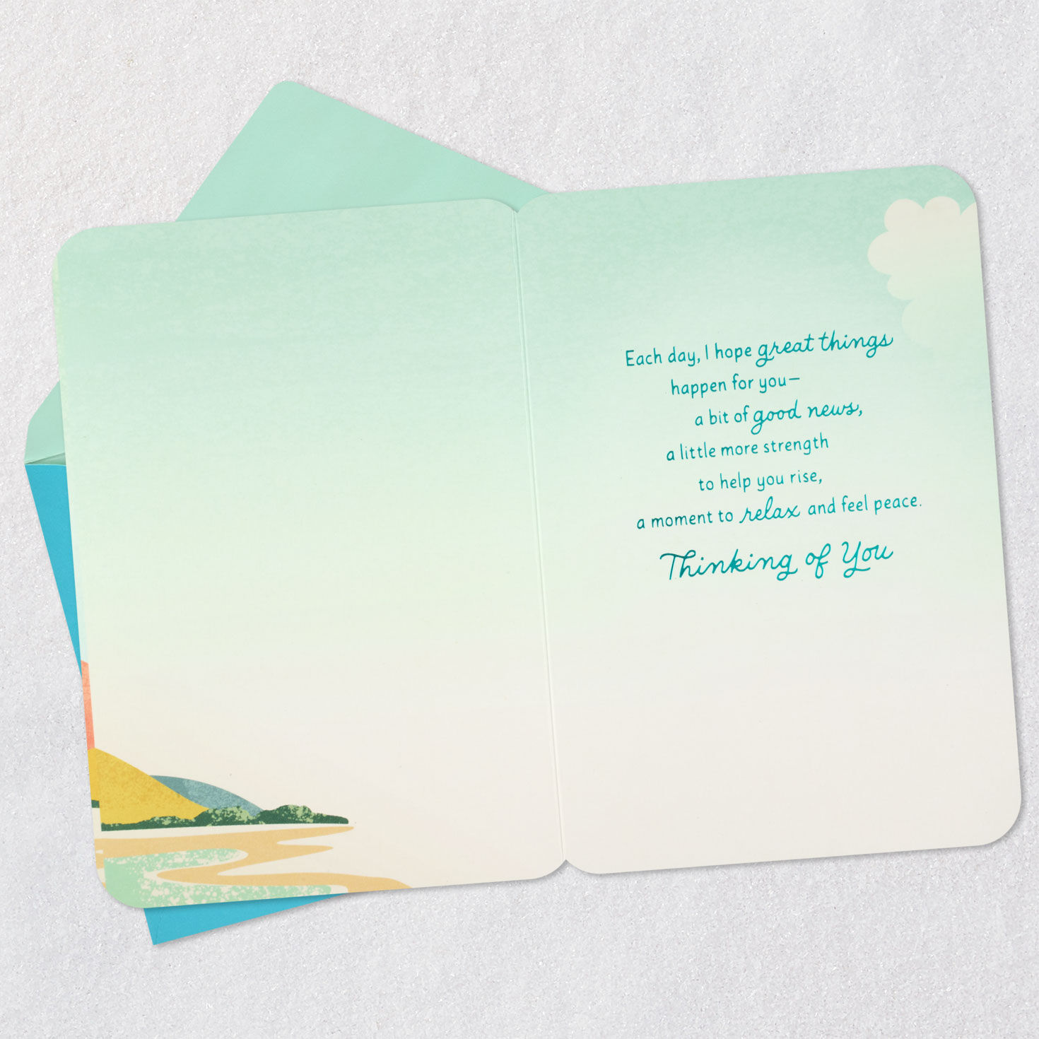 Sunny Mountain Lake Landscape Get Well Card Open card with envelope image number 3