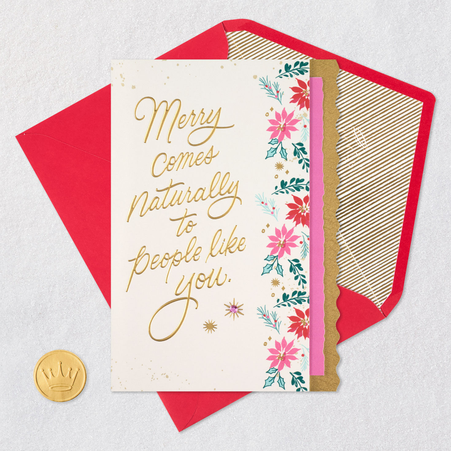 Pink and Red Poinsettias Christmas Card Card Front with Envelope and Gold Seal image number 6