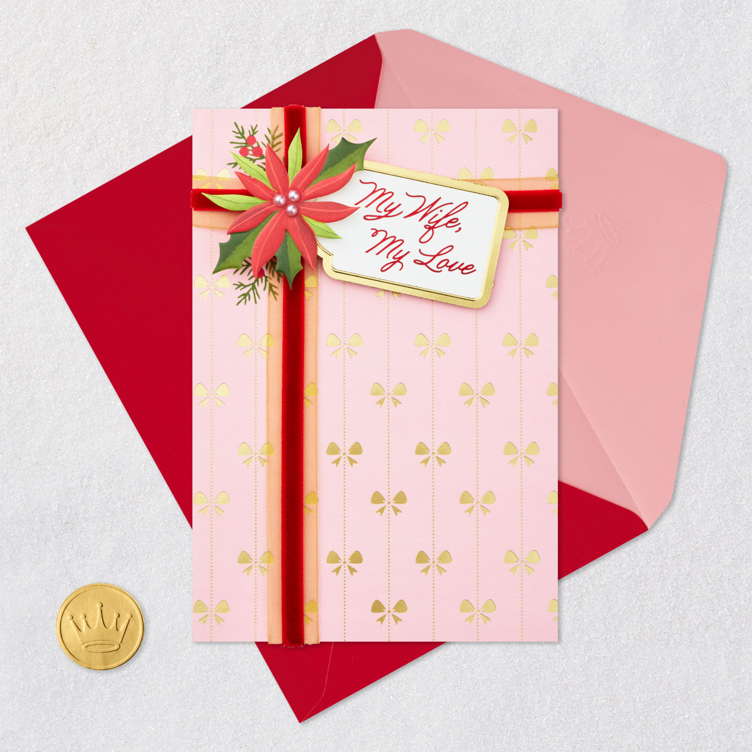 Pink Poinsettia Christmas Card for Wife Card Front with Envelope and Gold Seal image number 6