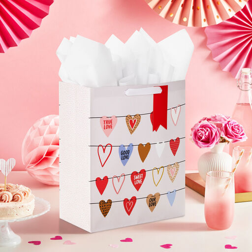 13" Garland of Hearts Large Gift Bag With Tissue Paper, 
